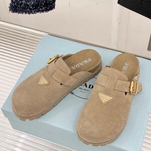 Prada Women's Tan Suede Clogs with Gold Accent